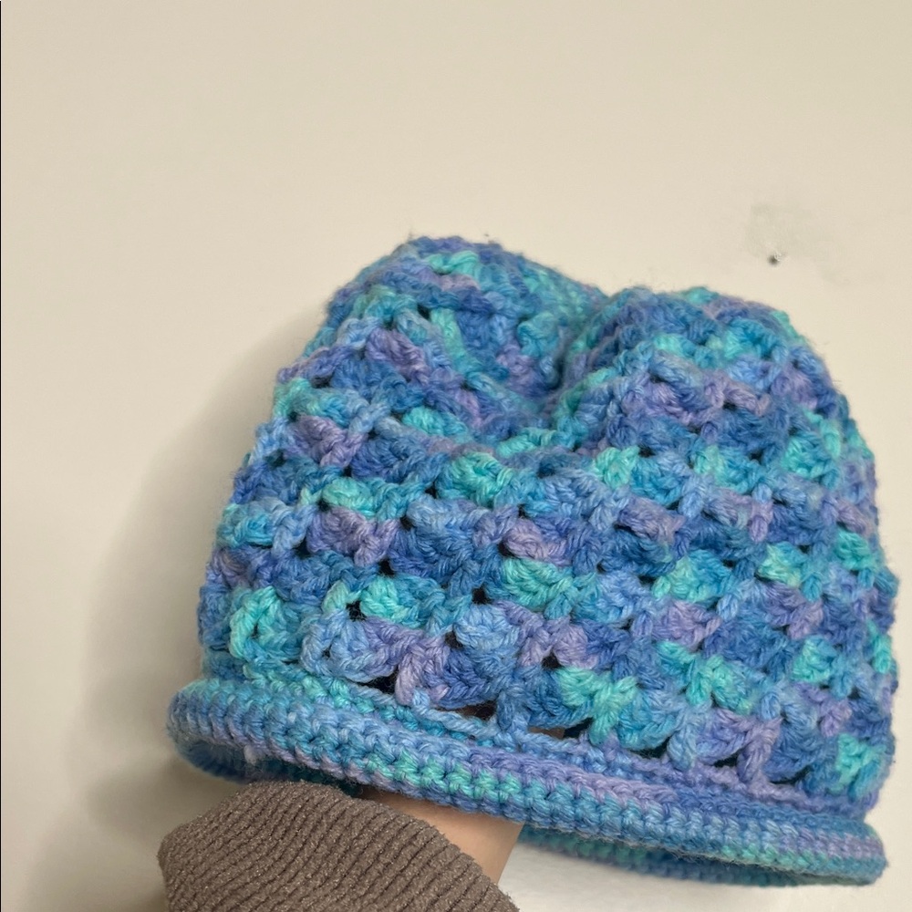 2 for $40 Blue and Purple  med large head Crochet Beanie blue speckle knitted h